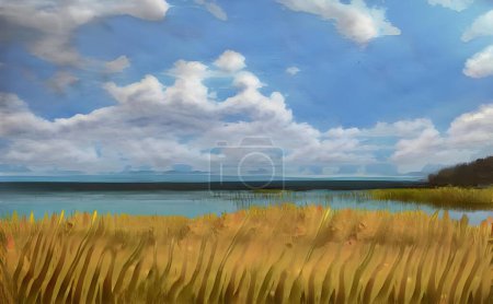 Téléchargez les photos : Une illustration de la nature avec le lac entouré d'herbe jaune et verte dans la journée - en image libre de droit