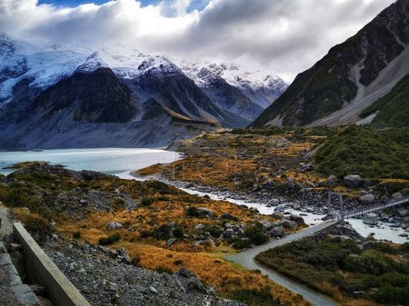 Photo for An image of a Hooker Valley Track with a lake and mountains under the cloudy sky - Royalty Free Image
