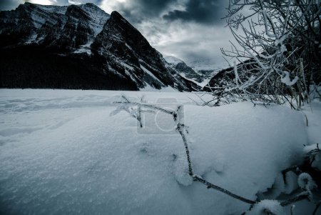 Téléchargez les photos : Vue effrayante d'un champ enneigé sur fond de paysage montagneux - en image libre de droit