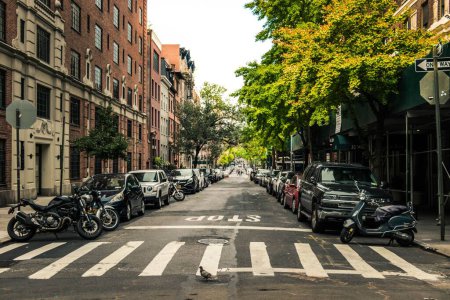 Téléchargez les photos : Un beau plan d'une route avec des voitures garées, des arbres et des bâtiments à New York - en image libre de droit