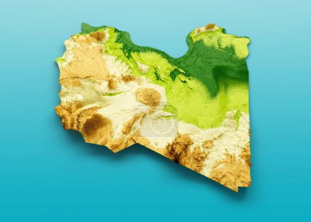Téléchargez les photos : Illustration 3D de la carte topographique libyenne sur fond bleu - en image libre de droit