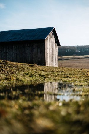 Téléchargez les photos : Plan vertical d'une ancienne grange en bois et son reflet sur une flaque d'eau après une pluie - en image libre de droit
