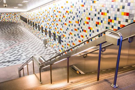 Photo for The interior of a metro station in Los Angeles with colorful checkered walls. - Royalty Free Image