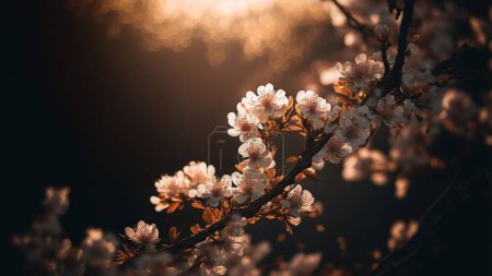 Photo for A closeup shot of blooming cherry blossom branches on a sunset background - Royalty Free Image