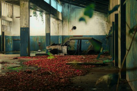 Téléchargez les photos : Une vieille voiture brûlée dans un bâtiment abandonné - en image libre de droit