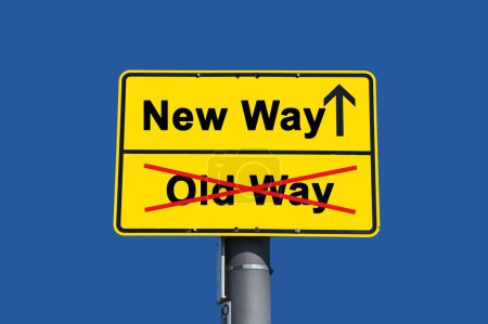 Photo for Yellow sign with black lettering. Below the word old crossed out in red and above it the word new with an arrow. - Royalty Free Image