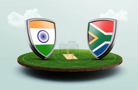 Téléchargez les photos : Illustration 3D des drapeaux de cricket Inde vs Afrique du Sud avec bouclier dans un stade - en image libre de droit