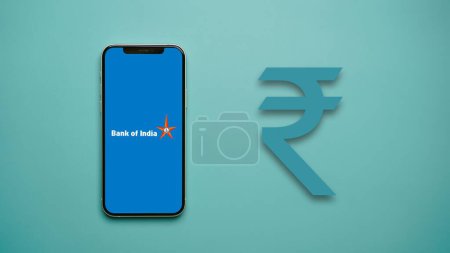 Téléchargez les photos : Banque de l'Inde ou BOI sur l'écran du téléphone mobile, fond isolé - en image libre de droit