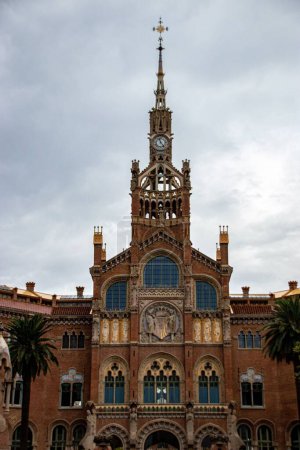 Photo for A vertical of Sant Pau Art Nouveau site on a gloomy day, cloudy sky background - Royalty Free Image