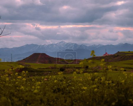 Foto de Un paisaje pintoresco de un campo verde y montañas cubiertas de nieve en el fondo - Imagen libre de derechos