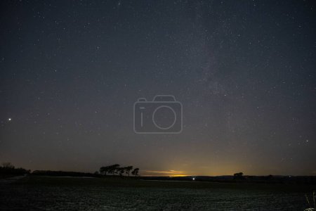 Foto de Una vista nocturna de un campo estéril con silueta de árboles en el fondo bajo una noche estrellada - Imagen libre de derechos