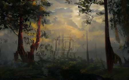 Téléchargez les photos : Illustration d'une forêt avec de grands arbres verts sous un ciel nuageux - en image libre de droit