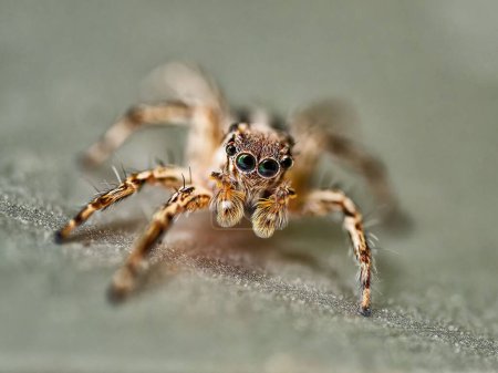 Foto de Un primer plano de una araña saltarina marrón con cuatro ojos en el fondo gris. - Imagen libre de derechos