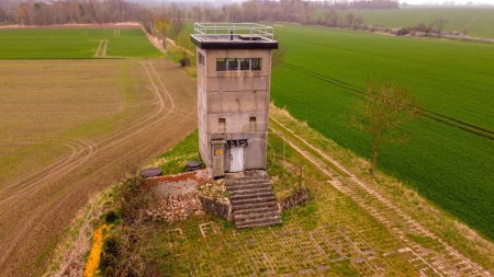 Photo for An aerial of the historical border tower of the GDR, a watchtower near Bleckede, Lower Saxony, Germany. - Royalty Free Image
