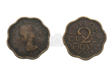 Photo for A closeup shot of a Sri Lankan or Ceylonian two cents coin made in 1957, from a front side and a back side view, isolated on a white background - Royalty Free Image