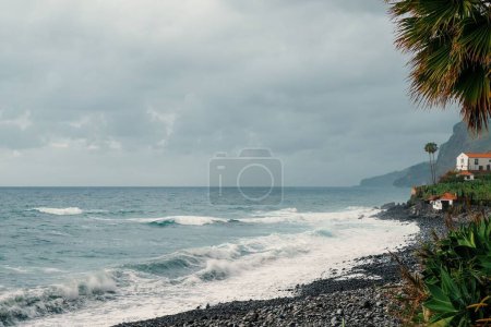Téléchargez les photos : La vague éclaboussante s'est posée sur la côte rocheuse de la baie de Madère - en image libre de droit