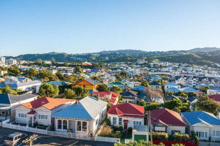 Die bunten Häuser in den Vororten von Wellington mit Hügeln in der Ferne in Neuseeland.