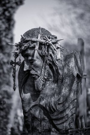 Photo for A grayscale shot of a Christian cross at the hill of crosses - Royalty Free Image