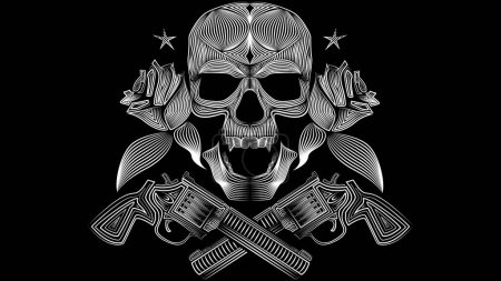 Foto de Una ilustración de huesos de cráneo blanco y negro, rosas y armas de arte aisladas sobre un fondo oscuro - Imagen libre de derechos