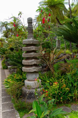 Téléchargez les photos : Plan rapproché d'une statue de pierre dans un magnifique jardin tropical du Monte Palace à Madère, au Portugal, entouré d'une végétation verte - en image libre de droit