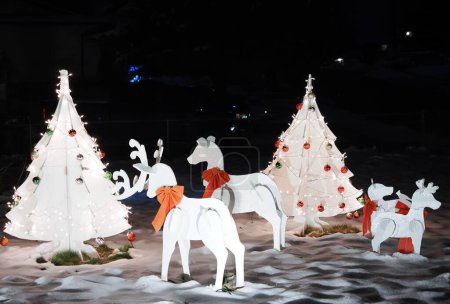 Photo for A closeup of festive cardboard cutouts of reindeers next to Christmas trees on a snowy ground at night - Royalty Free Image