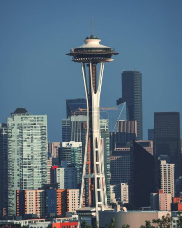 Photo for A vertical shot of the historic scenic Seattle skyline with the Space Needle across the water - Royalty Free Image