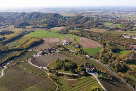 Téléchargez les photos : Vue aérienne d'un champ agricole avec herbe verte et arbres entourés d'une chaîne de montagnes - en image libre de droit