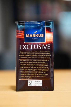 Photo for A closeup of a Markus brand Exclusive 100 percent Arabica ground coffee in a package - Royalty Free Image