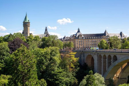 Téléchargez les photos : Vue aérienne du château et d'un pont entouré d'arbres, Luxembourg - en image libre de droit
