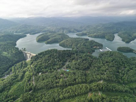 Photo for An aerial of Hiwassee lake on a gloomy day, cloudy sky in the background - Royalty Free Image
