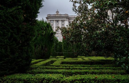 Foto de Parte delantera del Palacio Real de Madrid detrás de los árboles en un día nublado, España - Imagen libre de derechos