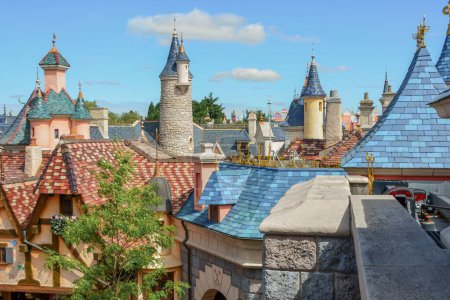 The rooftops of the Disneyland buildings in Paris, France