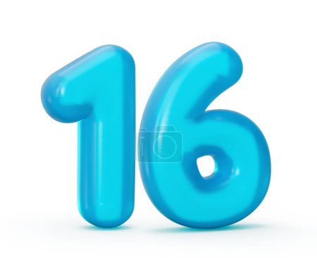 Foto de Una representación 3d del número 16 hecha de gelatina azul aislada sobre un fondo blanco. - Imagen libre de derechos