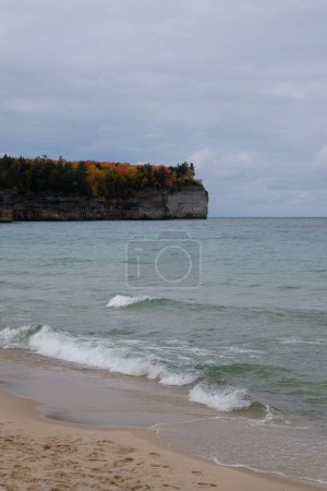 Téléchargez les photos : Une vue de la plage d'arbres colorés sur la falaise à distance - en image libre de droit