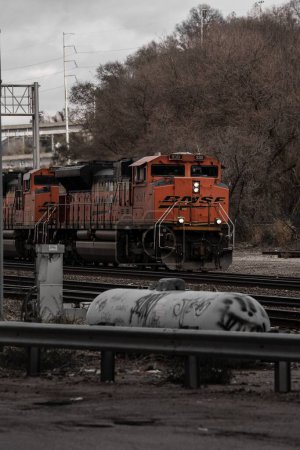 Téléchargez les photos : Un train sur le chemin de fer BNSF pendant une journée d'hiver avec des arbres à bois - en image libre de droit