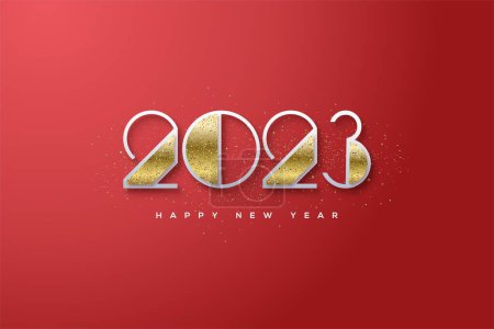 Foto de Una ilustración del brillante número 3D 2023 feliz año nuevo sobre un fondo rojo - Imagen libre de derechos