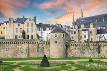 Photo for Vannes, medieval city in Brittany, view of the ramparts garden with flowerbed - Royalty Free Image