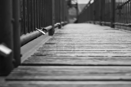 Téléchargez les photos : Un cliché sélectif en niveaux de gris de cadenas fixés aux clôtures métalliques d'un pont en bois - en image libre de droit