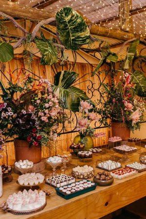 Téléchargez les photos : Une table en bois avec beaucoup de plantes et de bonbons frais - en image libre de droit