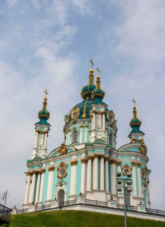 Photo for A vertical low angle of the historic St. Andrew's Church against a blue sky in Kyiv, Ukraine - Royalty Free Image