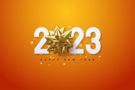 Foto de Una textura de Feliz Año Nuevo 2023 con números y una cinta dorada sobre un fondo naranja brillante, perfecta para pancartas, tarjetas de felicitación y carteles - Imagen libre de derechos