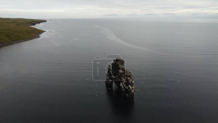 Foto de Una escena de paisaje de la pila de basalto rocoso Hvitserkur a lo largo de la orilla de la península, Islandia - Imagen libre de derechos