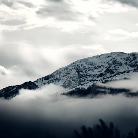 Téléchargez les photos : Une vue en niveaux de gris de la montagne Steinbergstein enneigée par une journée brumeuse sous un ciel nuageux dans les Alpes de Kitzbuhel, Autriche - en image libre de droit