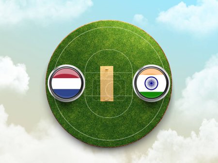 Téléchargez les photos : Illustration du drapeau de cricket de l'Inde contre les Pays-Bas avec un badge bouton sur le stade - en image libre de droit