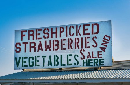 Foto de Una tabla con texto: Fresas recién recogidas y verduras de venta aquí. Central Valley, California. - Imagen libre de derechos