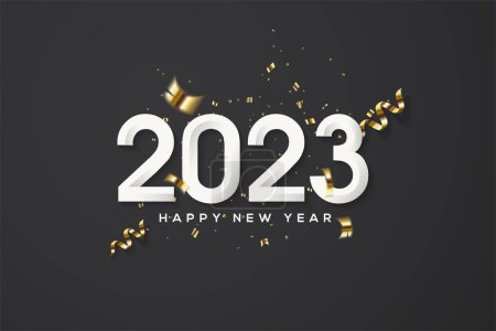 Téléchargez les photos : Une texture 2023 Happy New Year avec des chiffres blancs et des décorations dorées sur fond noir, parfaite pour les bannières, les cartes de vœux et les affiches - en image libre de droit