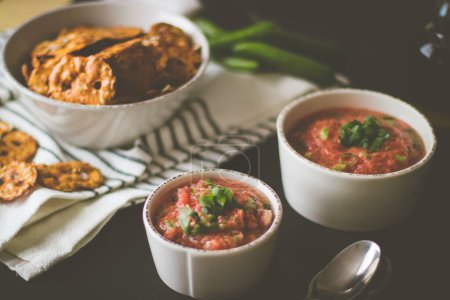 Téléchargez les photos : Un gros plan de tasses de salsa de tomate et de nachos dans un bol blanc - en image libre de droit