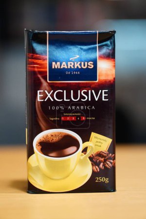 Photo for A vertical shot of a Markus brand Exclusive 100 percent Arabica ground coffee in a package - Royalty Free Image