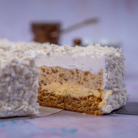 Foto de Un primer plano del pedazo de pastel de queso de coco cubierto con coco rallado blanco con un fondo borroso - Imagen libre de derechos
