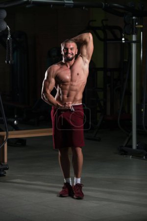 Téléchargez les photos : Portrait vertical d'un modèle de fitness attrayant montrant son corps sportif après une séance d'entraînement - en image libre de droit